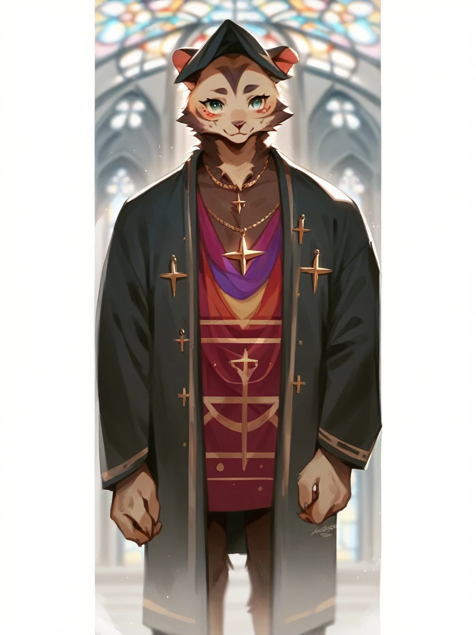 Mona Lisa, pale colors(fantasy sister, robe with gold decoration, offering prayers, church)super fine illustration(colorful stained glass, volumetric lighting backlighting good lighting, colorful refraction)depth of field(highly detailed beautiful face and eyes)perfect anatomy(angelic cute 1boy)(furry beastman)(fur covered body animal facial features animal body features)(animal muzzle highly detailed fur)chibi full body