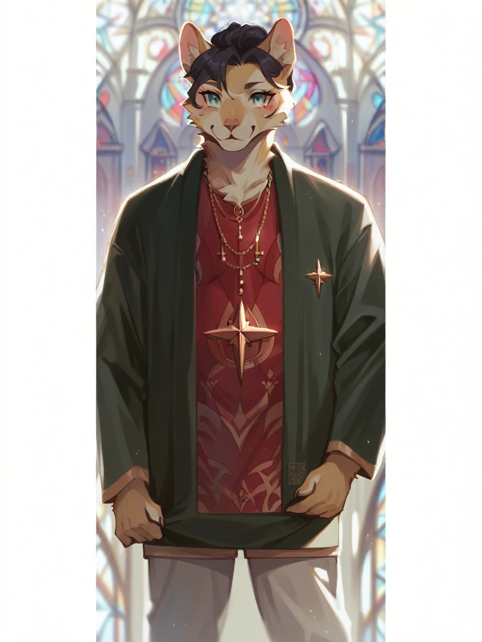 Mona Lisa, pale colors(fantasy sister, robe with gold decoration, offering prayers, church)super fine illustration(colorful stained glass, volumetric lighting backlighting good lighting, colorful refraction)depth of field(highly detailed beautiful face and eyes)perfect anatomy(angelic cute 1boy)(furry beastman)(fur covered body animal facial features animal body features)(animal muzzle highly detailed fur)chibi full body