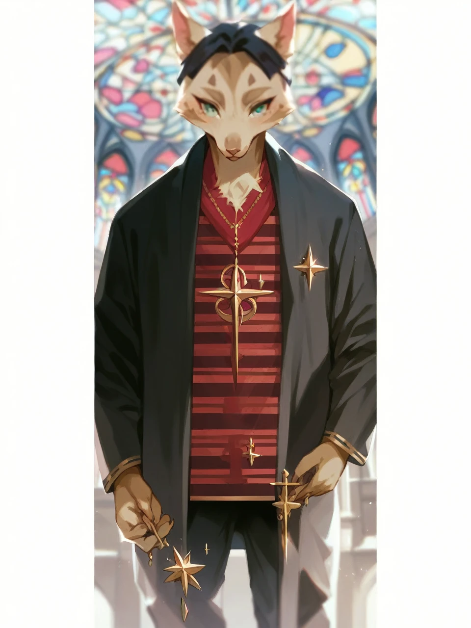 Mona Lisa, pale colors(fantasy sister, robe with gold decoration, offering prayers, church)super fine illustration(colorful stained glass, volumetric lighting backlighting good lighting, colorful refraction)depth of field(highly detailed beautiful face and eyes)perfect anatomy(angelic cute 1boy)(furry beastman)(fur covered body animal facial features animal body features)(animal muzzle highly detailed fur)chibi full body