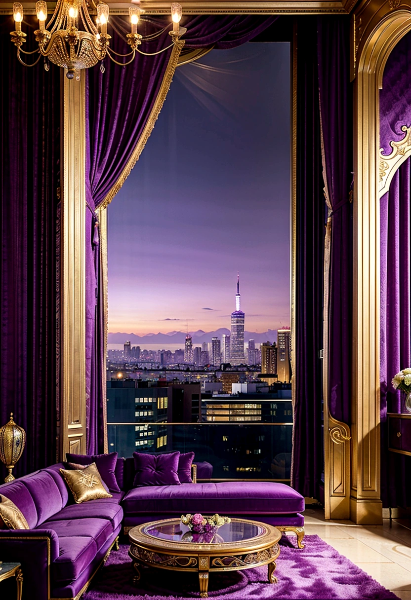purple and gold living room with a view of the city, purple and gold color scheme, luxurious environment, brightly lit purple room, dense hypermaximalist metropolis, extremely opulent, purple colour scheme, draped in silky purple and gold, purple color scheme, draped in purple, stunning view, maximalism. stunning, luxury lifestyle, rich vivid color scheme