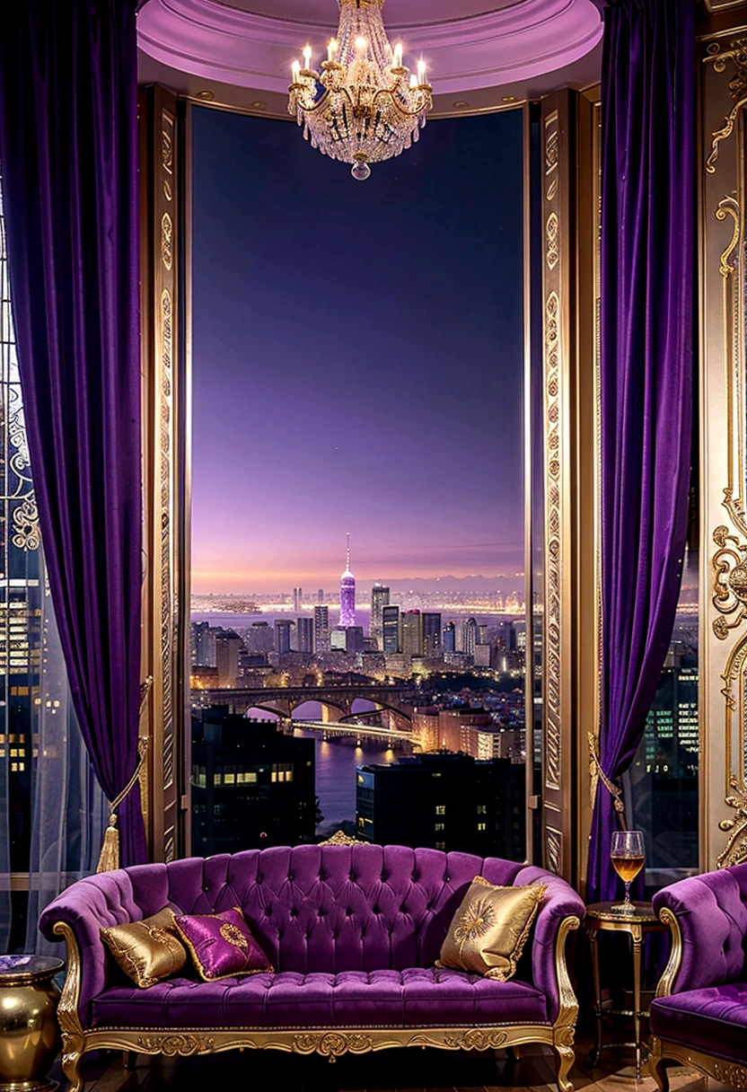 purple and gold living room with a view of the city, purple and gold color scheme, luxurious environment, brightly lit purple room, dense hypermaximalist metropolis, extremely opulent, purple colour scheme, draped in silky purple and gold, purple color scheme, draped in purple, stunning view, maximalism. stunning, luxury lifestyle, rich vivid color scheme