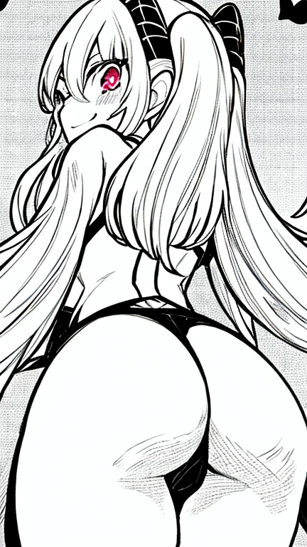 White hair, red eyes, hoodie, smile, cute smile, lusty smile, shy, blush, blushing, dark skin, thighs, big thighs, big ass, heart shaped ass, hearts, heart pupils, ass focus, demon horns, back view, crossed arms, holding  with arms, supporting  with arms, anime, lineart, manga like, black and white, 