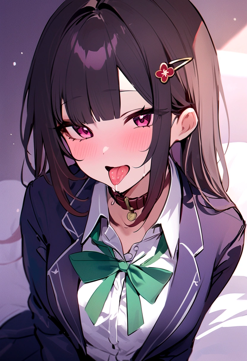 masterpiece, highest quality,blazer,One Girl,honkai_(series), Simple_background, shirt, head_ribbon, Open_Jacket, green_ribbon, Side Lock, With collar_shirt,hair_ornament, hair_intake, honkai:_star_rail, ribbon, Jacket, black_Jacket,Open_Clothes, School_uniform, alone, hairclip,Bed,Open your mouth and stick out your tongue,Dripping saliva,