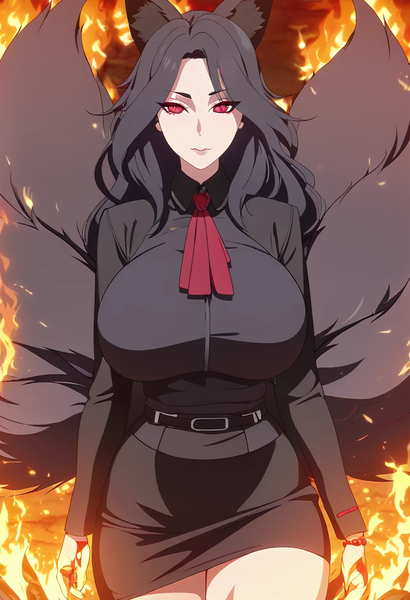 a beautiful detailed black kitsune girl, long black kitsune ears, multiple black kitsune tails, black and red sexy office outfit, 8k, anime style, red eyes, big breasts, extremely detailed eyes and face, ultra-detailed, 4k, high quality, vibrant colors, warm fire, long black hair, short skirt, mature woman, wide waist