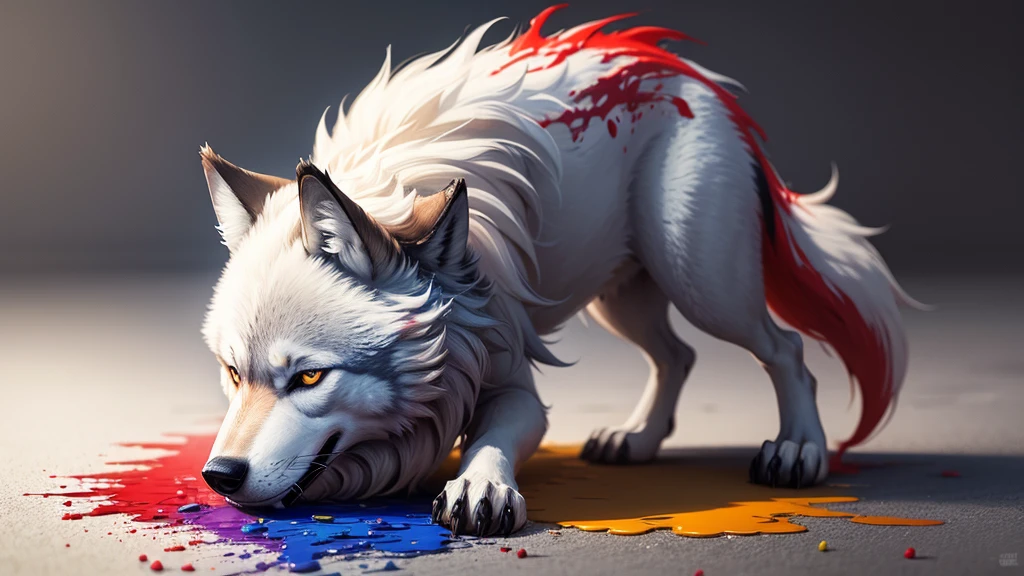 wolf animal made of colorful paints, paints spilled everywhere