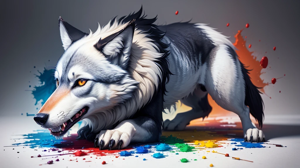 wolf animal made of colorful paints, paints spilled everywhere