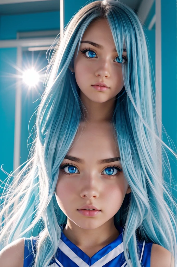 girls blonde children WITH STRAIGHT HAIR, BACKGROUND blue peroil, ice very ice.