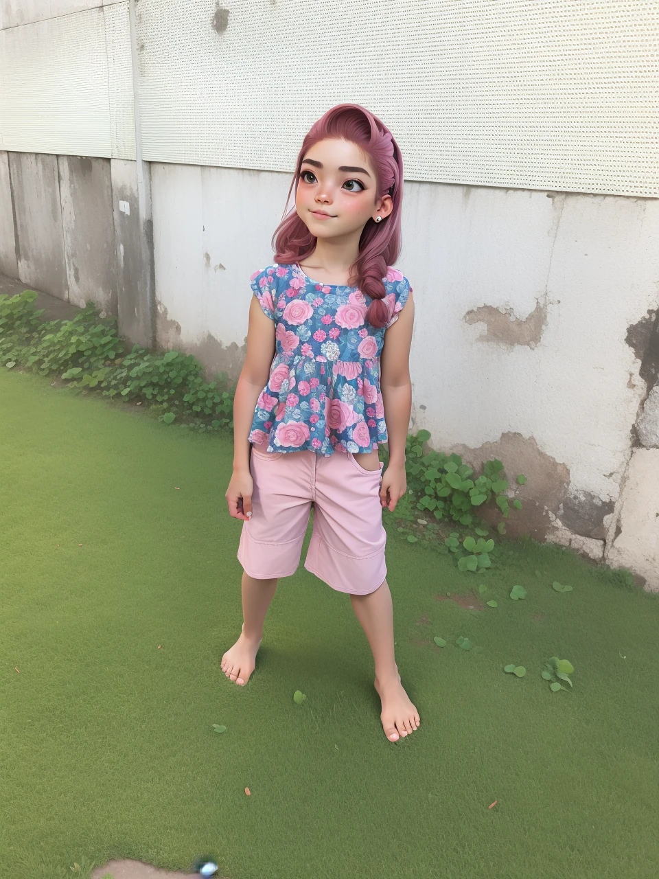 Best quality, cabelos longo , , 5 anos, shorte rosa claro, barefoot, sozinha