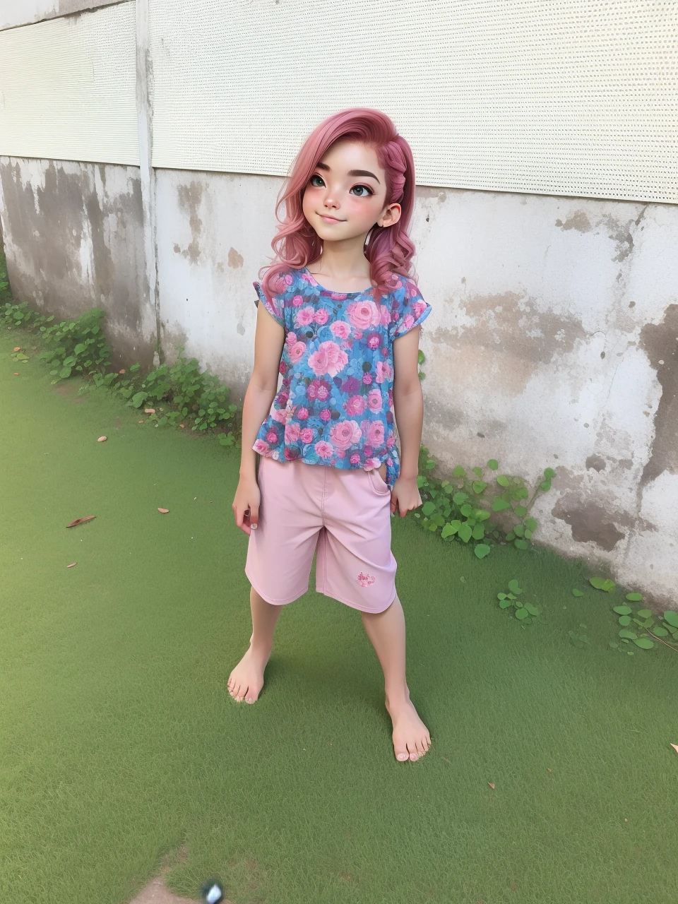 Best quality, cabelos longo , , 5 anos, shorte rosa claro, barefoot, sozinha 