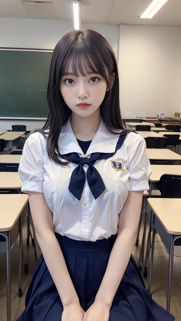 A young woman, 18 years old, with long purple hair, wearing a sailor uniform, sitting in a classroom (School 1.5 in the background) (Serious expression, Hot 1.5) (highest quality: 1.1) (masterpiece: 1.3) with an unparalleled masterpiece, Surreal 8K, Perfect artwork, Super detailed, highest quality, masterpiece 4K wallpaper aesthetics, masterpiece, Award-winning works, Official Art, Cinema Lighting,Big Breasts