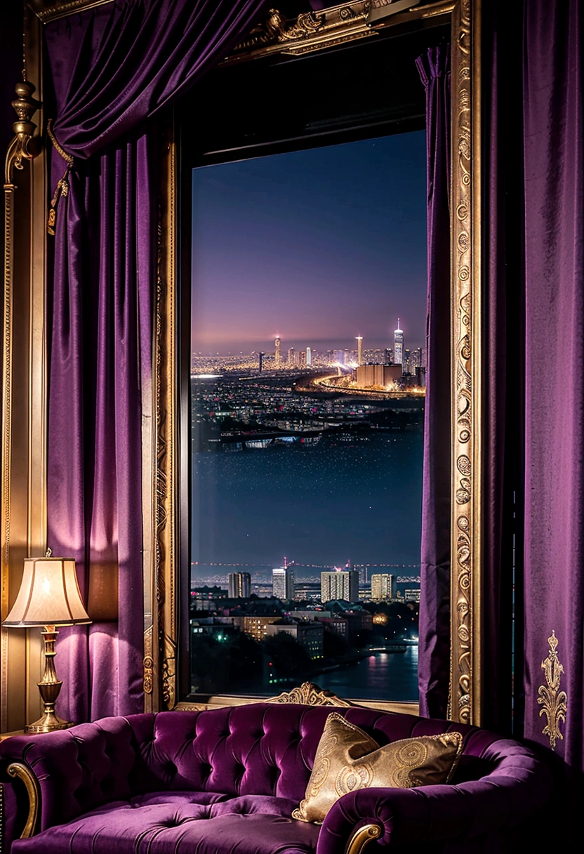 purple and gold living room with a view of the city, a portrait by derek zabrocki, trending on cg society, maximalism, purple and gold color scheme, luxurious environment, brightly lit purple room, dense hypermaximalist metropolis, extremely opulent, purple colour scheme, draped in silky purple and gold, purple color scheme, draped in purple, stunning view