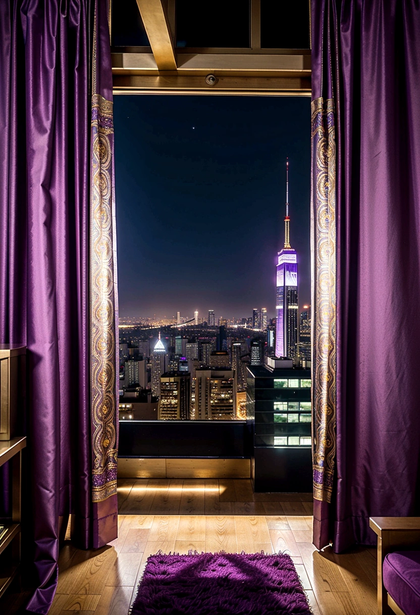 purple and gold living room with a view of the city, a portrait by derek zabrocki, trending on cg society, maximalism, purple and gold color scheme, luxurious environment, brightly lit purple room, dense hypermaximalist metropolis, extremely opulent, purple colour scheme, draped in silky purple and gold, purple color scheme, draped in purple, stunning view