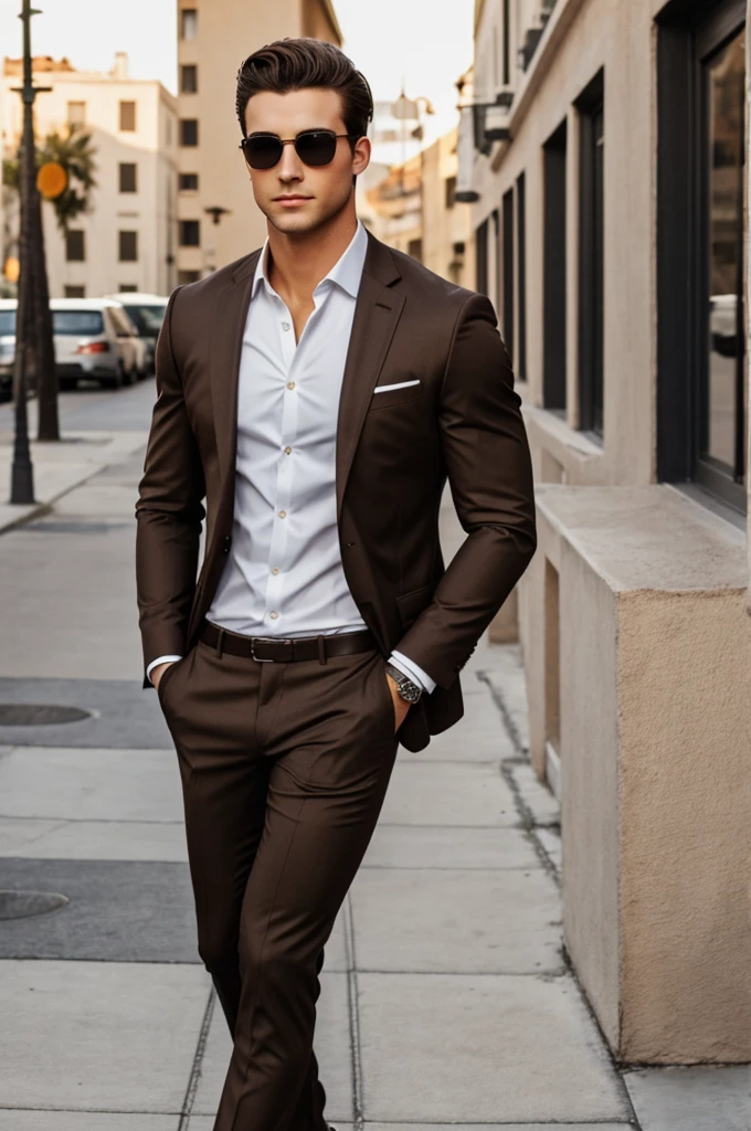 Hombre alto, 24 year old caucasian athletic build, llega ropa formal y lentes. Dark brown hair, Brown eyes.