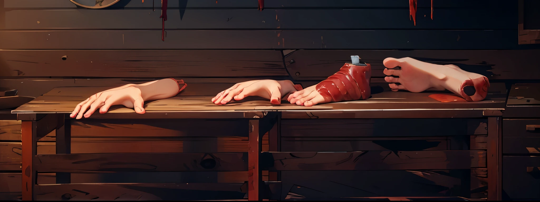 Handsome muscular shirtless man laughing and blindfolded is tied to a table, disembodied red hands tickling his body, feet focus, feet tickled, armpits tickled, tickle torture, hips tickled, ribs tickled, abs tickled, hands everywhere:1.1, (hands all over body), dungeon background with red rocks