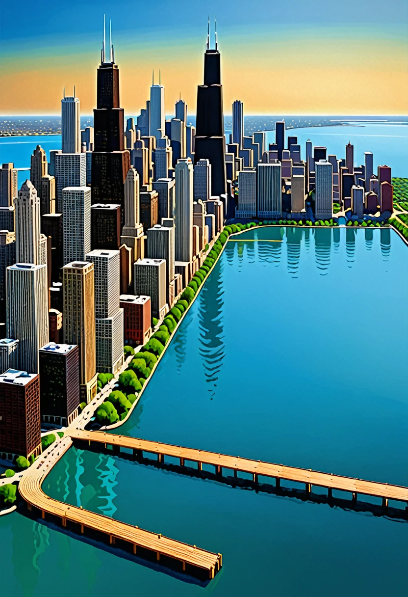 Take an overview of the city of Chicago with its skyscrapers and its lake.
Artistic Style: realistic showing the grain of the wood, with fluid lines and organic shapes.
Visual Elements:
The wooden blocks simulating buildings show their avenues and the lake
Stylized human figures.
Color Palette: real vivid colors
Emotions or Atmosphere: The work must transmit peace, serenity and balance.
Format and Resolution:
File format: jpg
Resolution: 300 DPI, minimum size 4000 x 3000 pixels