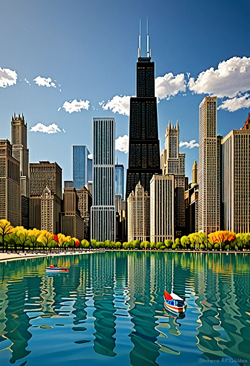 Take an overview of the city of Chicago with its skyscrapers and its lake.
Artistic Style: realistic showing the grain of the wood, with fluid lines and organic shapes.
Visual Elements:
The wooden blocks simulating buildings show their avenues and the lake
Stylized human figures.
Color Palette: real vivid colors
Emotions or Atmosphere: The work must transmit peace, serenity and balance.
Format and Resolution:
File format: jpg
Resolution: 300 DPI, minimum size 4000 x 3000 pixels