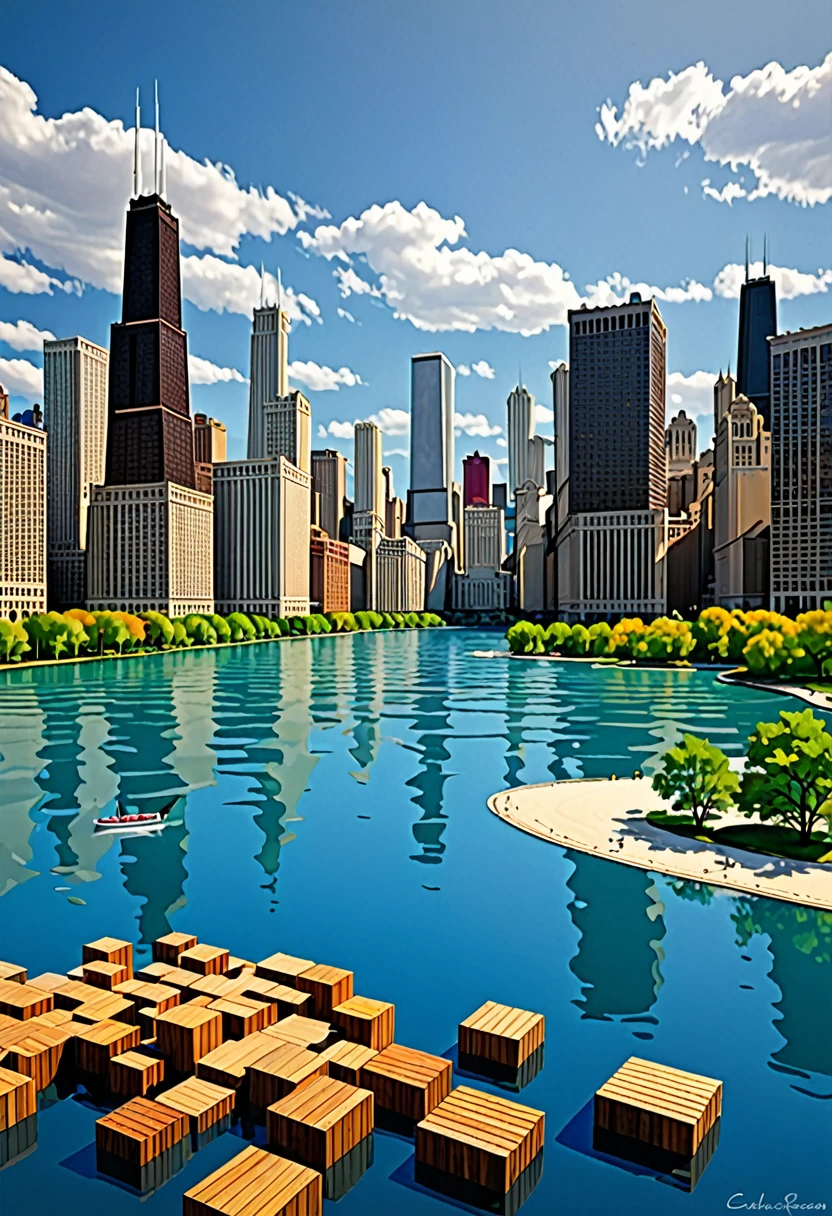Take an overview of the city of Chicago with its skyscrapers and its lake.
Artistic Style: realistic showing the grain of the wood, with fluid lines and organic shapes.
Visual Elements:
The wooden blocks simulating buildings show their avenues and the lake
Stylized human figures.
Color Palette: real vivid colors
Emotions or Atmosphere: The work must transmit peace, serenity and balance.
Format and Resolution:
File format: jpg
Resolution: 300 DPI, minimum size 4000 x 3000 pixels
