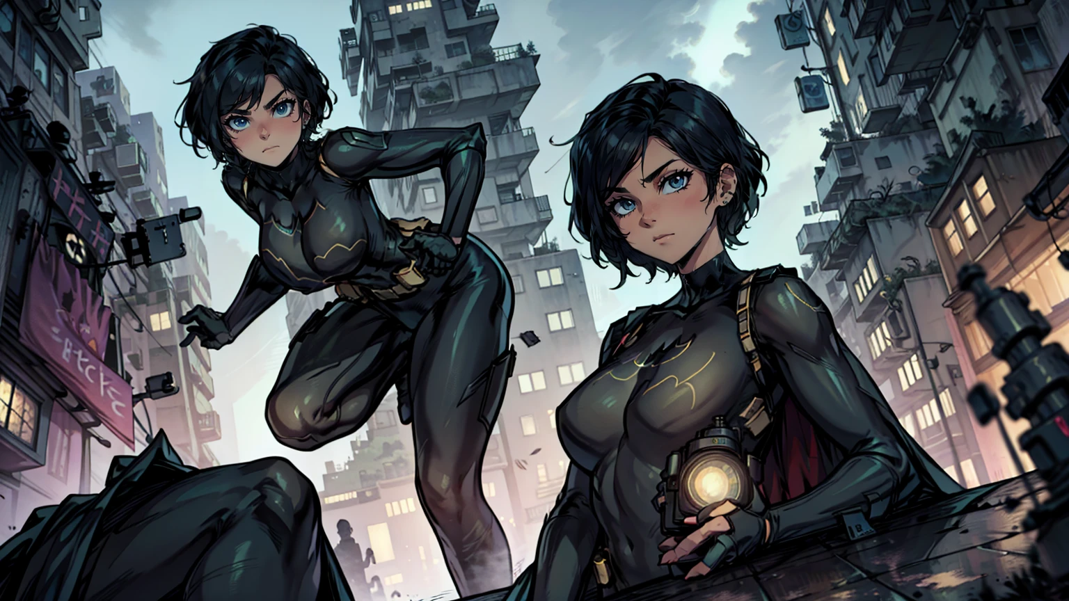 Obra de arte, Foto ultrafina, batgirl mask, cassandra cain, melhor qualidade, ultra high resolution, Fotorrealista, luz solar, retrato de corpo inteiro, inacreditavelmente lindo, dynamic poses, rosto delicado, olhos vibrantes, (vista lateral) , ela usa fantasia futurista do Batman, dc comics, seios grandes, decote, abaixo do peito, Sitting on top of a building, fundo muito detalhado, fundo de cidade de noite, olhando para o espectador, 1girl, rosto detalhado, Maravilhoso, pele altamente detalhada, detalhe de pele realista, sharp focus, volumetric fog, 8k hd, DSLR, alta qualidade, film grain, Pele clara, fotorrealismo, Lomografia, in a dystopian and sprawling future metropolis, visto de baixo, translucent, fundo cyberpunk, futurista, luzes neon, cyberpunk, system wave, night city
