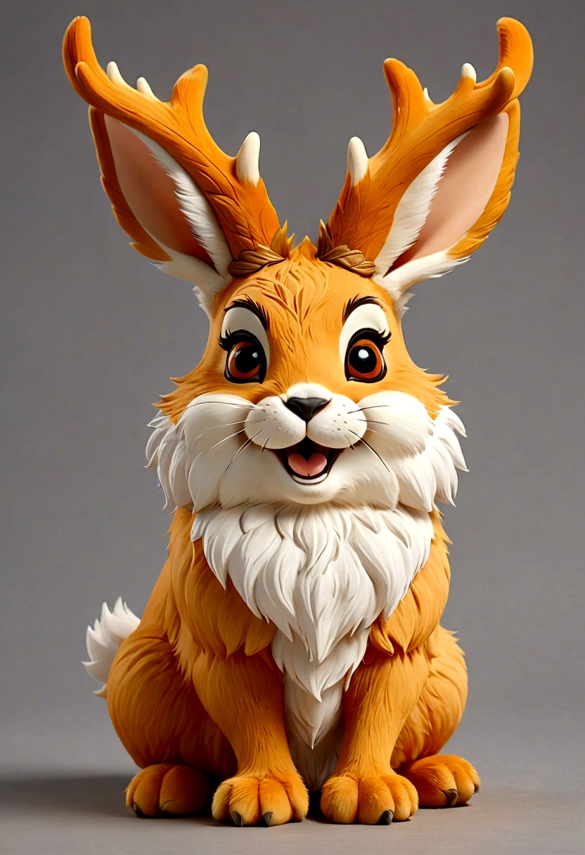 Very cute jackalope .Best Quality , very beautiful, Very detailed ,unit , Very detailed,Laugh with both hands over your mouth,orange fur,Sitting,Dropped ears,Japanese anime風,mascot,