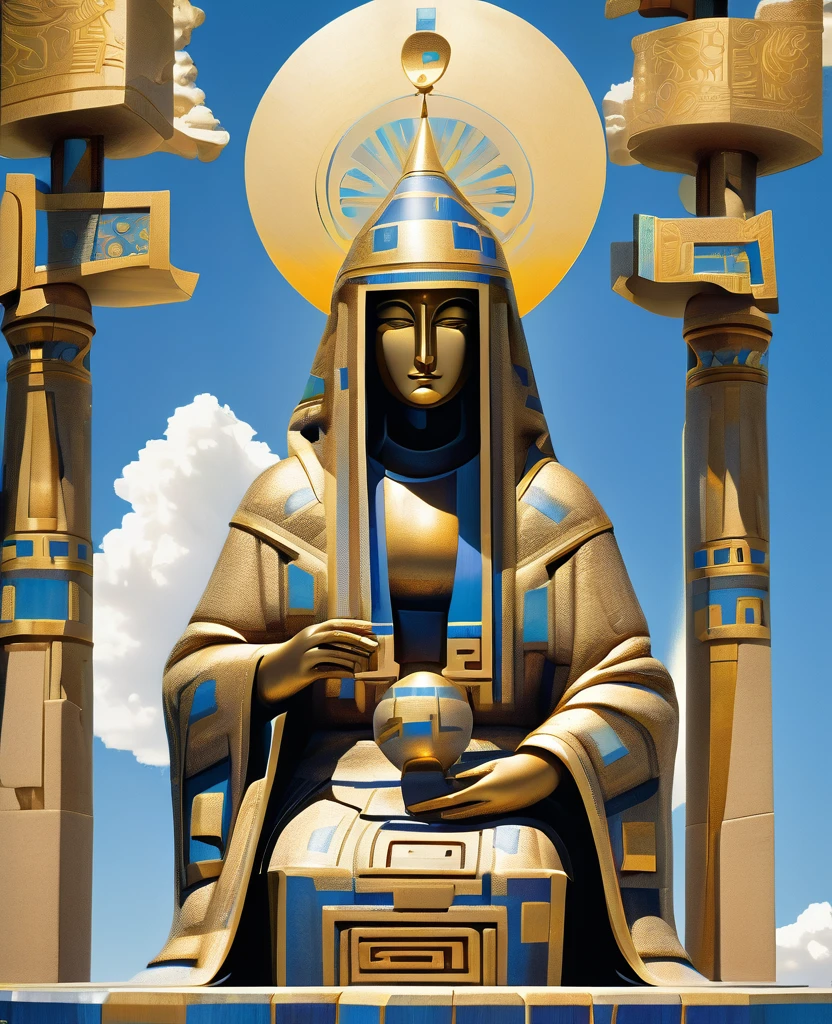 A stone statue of a hooded and robed figure sitting on a throne made of large blocks. The figure holds a glowing cube in their left hand and has a featureless face. The throne is adorned with abstract designs and set against a bright blue sky with a few clouds. The base is circular, partially visible, and decorated with golden accents.