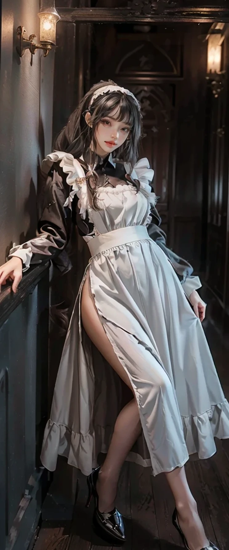 masterpiece、best quality、high resolution、Reality、high resolution、RAW photos、(A maid stands in the corridor of a luxurious mansion)、((1 Girl、Young woman hiding in the corner of the corridor、Detailed face and eyes、Pretty Face、Ponytail、shiny skin、Realistic skin texture、Wearing a maid outfit、Get a gun、Dynamic poses、Long sleeve、 Large Breasts、Big Ass))、((Black maid outfit、Long sleeve、long skirt、White apron、Headdress、High heel))、