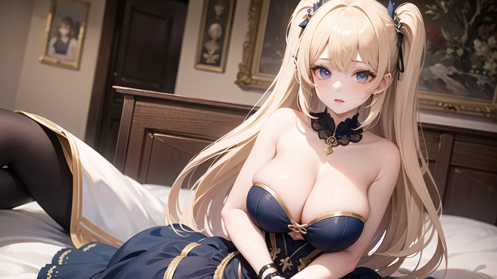 (((masterpiece, best quality))), (((superior quality))), cute girl, ((extremely detailed girl)), ((huge breasts)), (fancy noble dress), strapless top, twin-tail blonde, cleavage