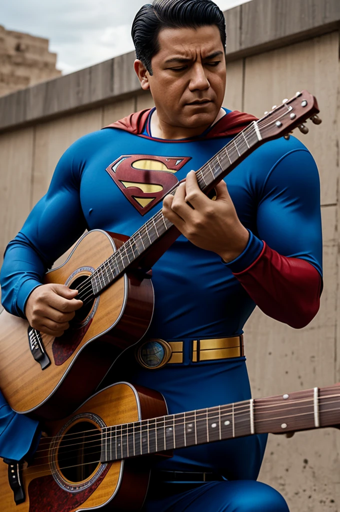 Generates an image of Benito Juárez playing the guitar in a superman suit