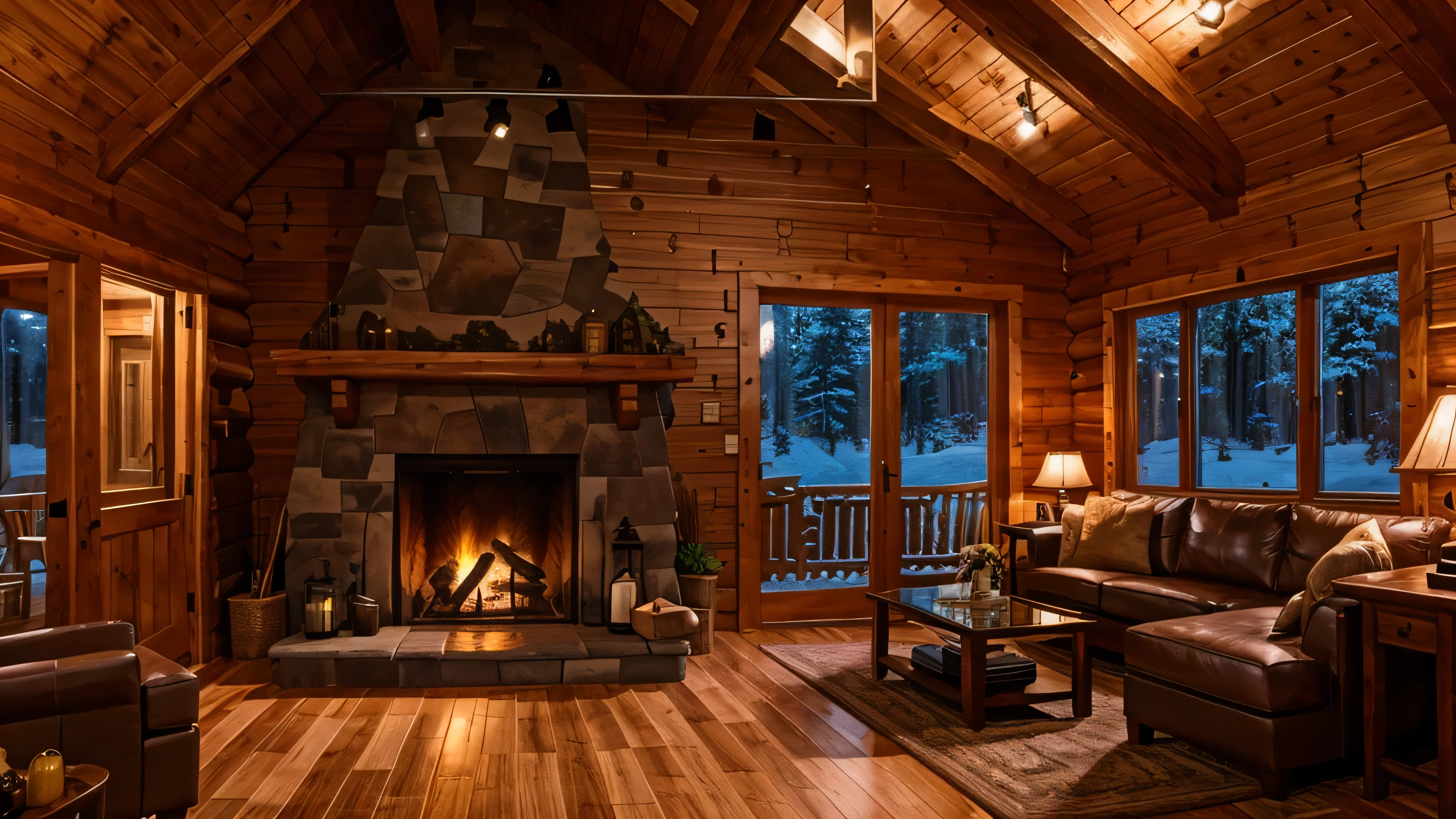 Wooden cabin living room anime background, this night outside](cozy atmosphere), (subtle lighting), bright stone fireplace fire, this best quality evening, transparent glass windows