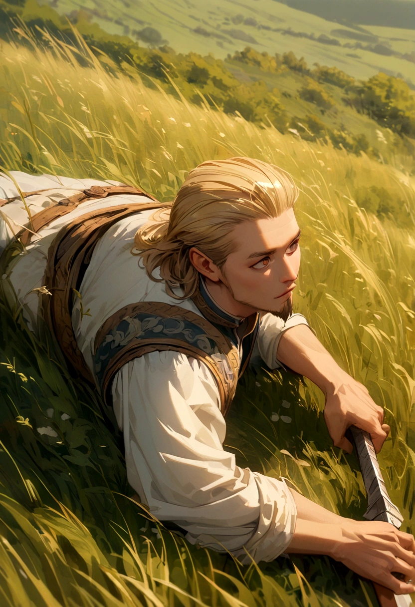 A warrior holding a sword in his right hand, slicked back blonde hair, he has a full goatee beard, looking up, in an open field with grass.