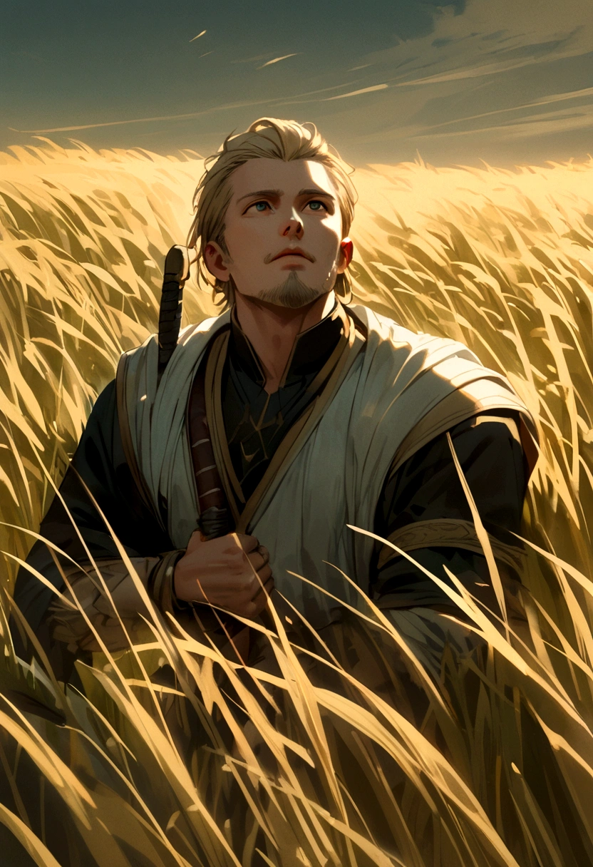 A warrior holding a sword in his right hand, slicked back blonde hair, he has a full goatee beard, looking up, in an open field with grass.
