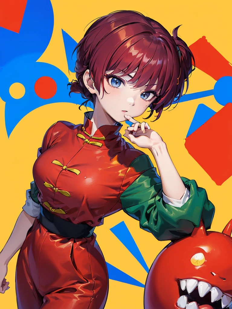 ((masterpiece:1.4)), expensive quality, very_expensive_solve, big_file size, Full Color, Thick outline, Clear contours, colorful, (Beautiful fine details, Are thin:1.4), ((Beautiful Face:1.0)), ((Boyish face:1.4)), 1 girl, (Ranma), (Redhead), short hair, (Braided Ponytail), ((bangs)), bumpy bangs, Blue-gray eyes, Big Breasts, Curvy, Ranma, Braided Ponytail, (Red Chinese Clothing), No sleeve, Tangzhuang, Black trousers, Are standing, ((, Are thin:1.4)), ((from the front:1.4)), Are thin:1.4
