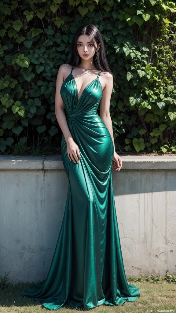 a very realistic image of a beautiful woman with black hair, dark makeup around her eyes and metallic green lipstick wearing a long dress, nessa cor azul turquesa, very elegant she is a slender and very beautiful woman, her hair is straight and her eyes are green She is standing, The framing captures the entire woman from head to toe, Behind her there is a wall completely covered with dark green leaves, which highlights the color of her turquoise dress., on this wall made of leaves there is water and some small black rocks behind the leaves the woman is posing for a photo the image needs to be very realistic with professional quality, highlighting the dark green color of the leaves that are on the wall behind the woman and the turquoise blue of the dress she wears, To give a better view of her dress, the turquoise blue on the dress may start a little lighter at the top and gradually darken until it reaches her feet..