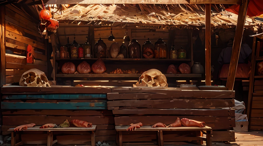 canibal market, market tents, they sell human skulls, human hand and feet, human flesh, meats, super big jars filled with eyeballs and bloody human internal organs, (on a wooden table), only one lamp, dawn time, dark morning, thatched roof,