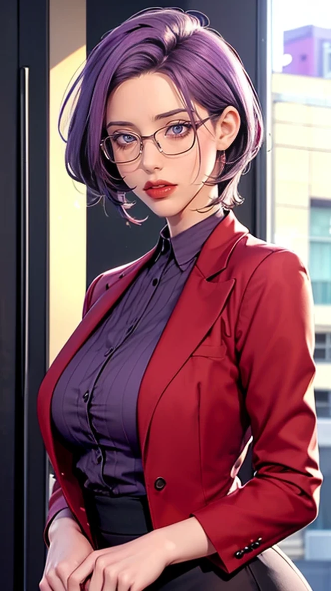 （（（Perfect number，number，red blazer， Grey shirt，Hip skirt（（（JMT,Glasses,Purple Hair,short hair,Purple Eyes,Michondev，Purple Eyes，Purple Hair，Medium Length Hair，）））型number:1.7））），((masterpiece)),high resolution, ((Best quality at best))，masterpiece，quality，Best quality，（（（ Exquisite facial features，looking at the audience,There is light in the eyes，Happy，Ha ha））），（（（Interweaving of light and shadow，））），（（（looking at camera，)）））