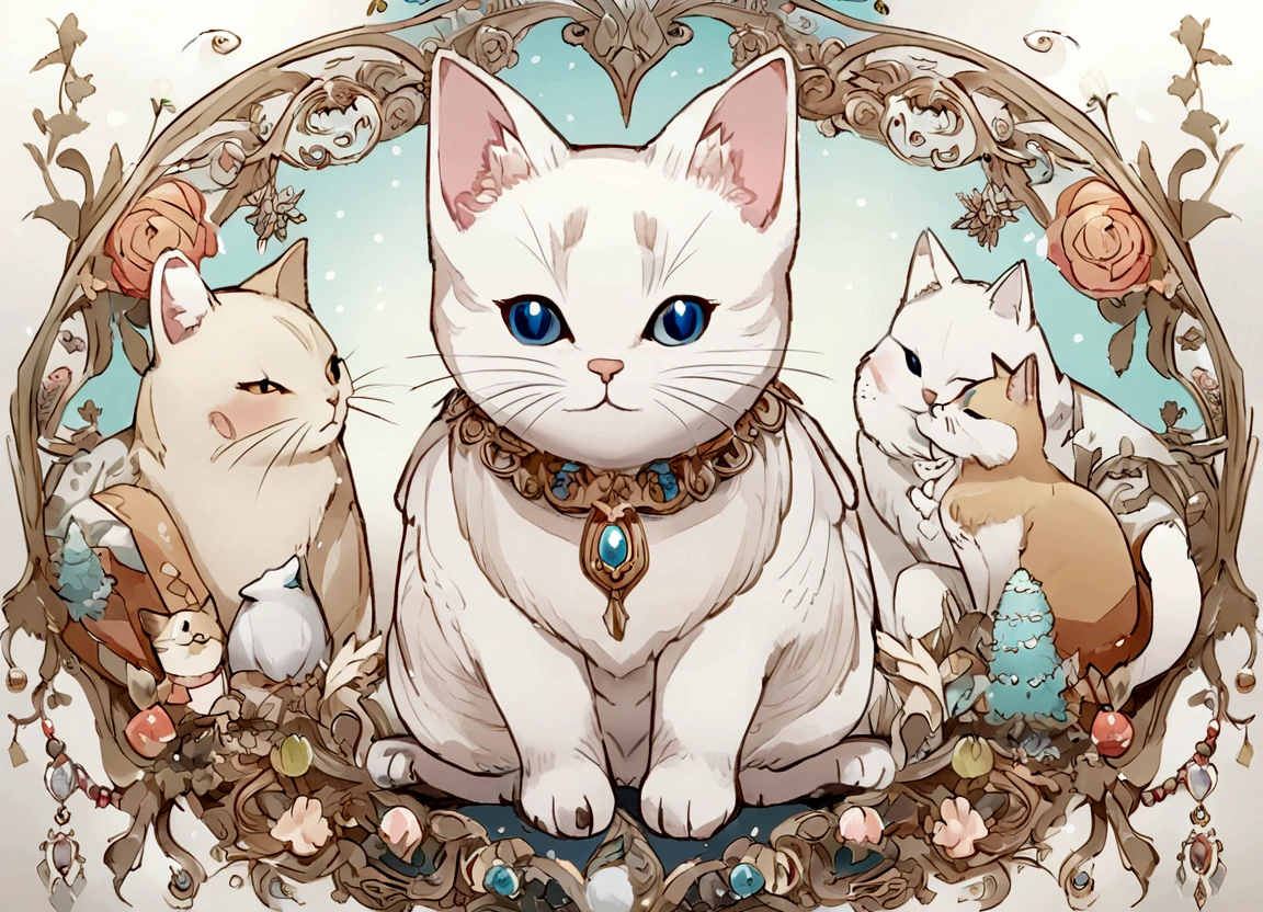 crea una imagen de un gato blanco con un fondo en la nieve