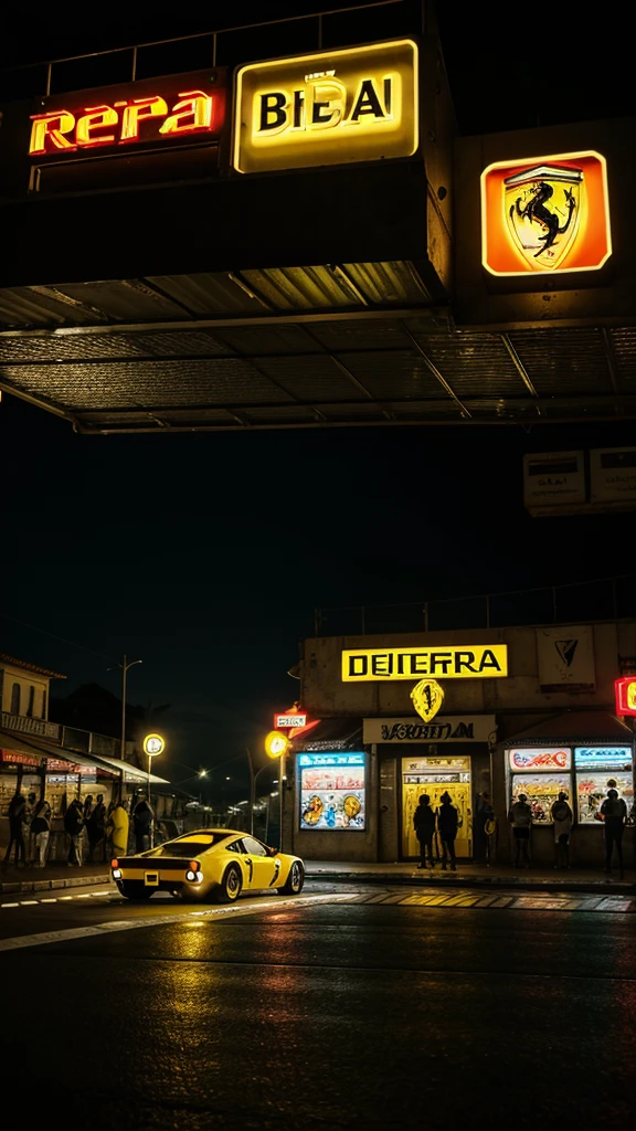 retroonda. cidade, ferrari, estrada, Yellow neon lights, montanha, (obra-prima, detalhada, highres), super detalhado, no girl