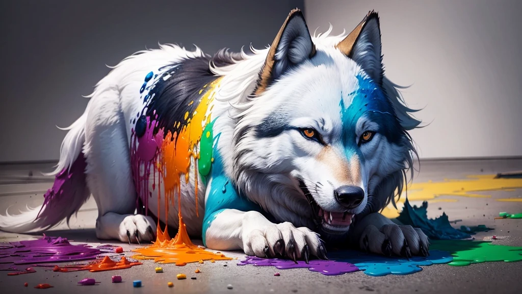 wolf animal made of colorful paints, paints spilled everywhere