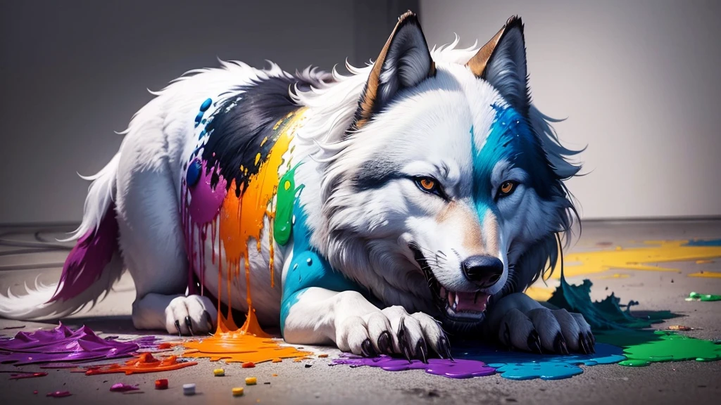 wolf animal made of colorful paints, paints spilled everywhere