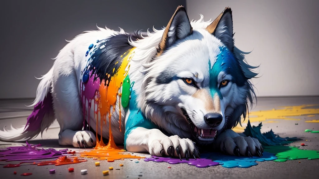 wolf animal made of colorful paints, paints spilled everywhere