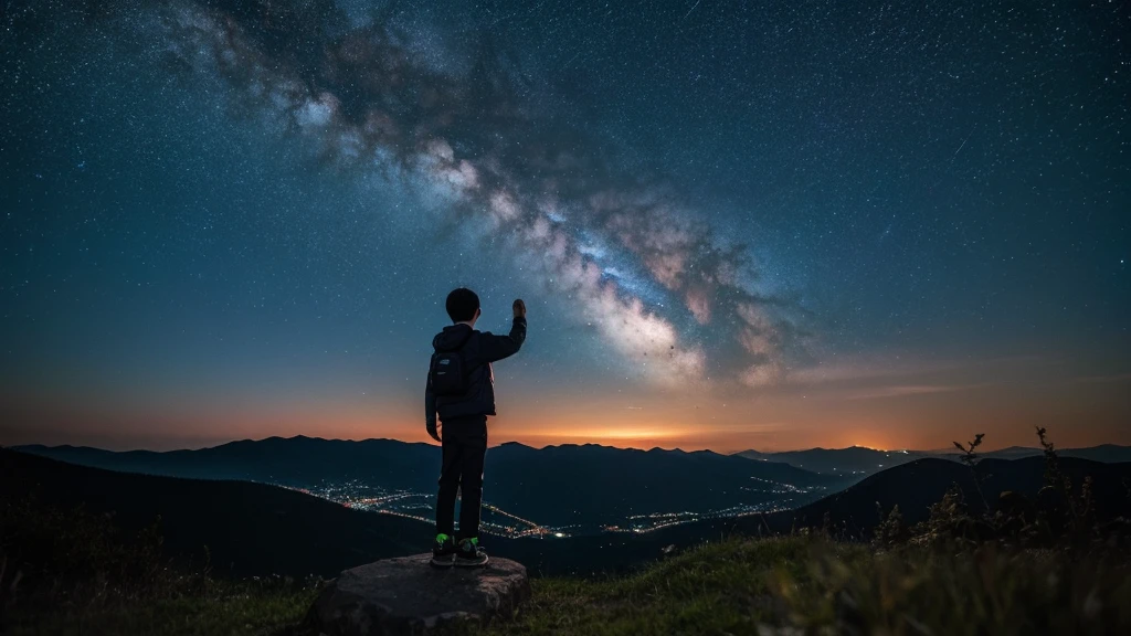 A boy stood on top of a hill gazing at the night sky, the stars lined up in a straight line.