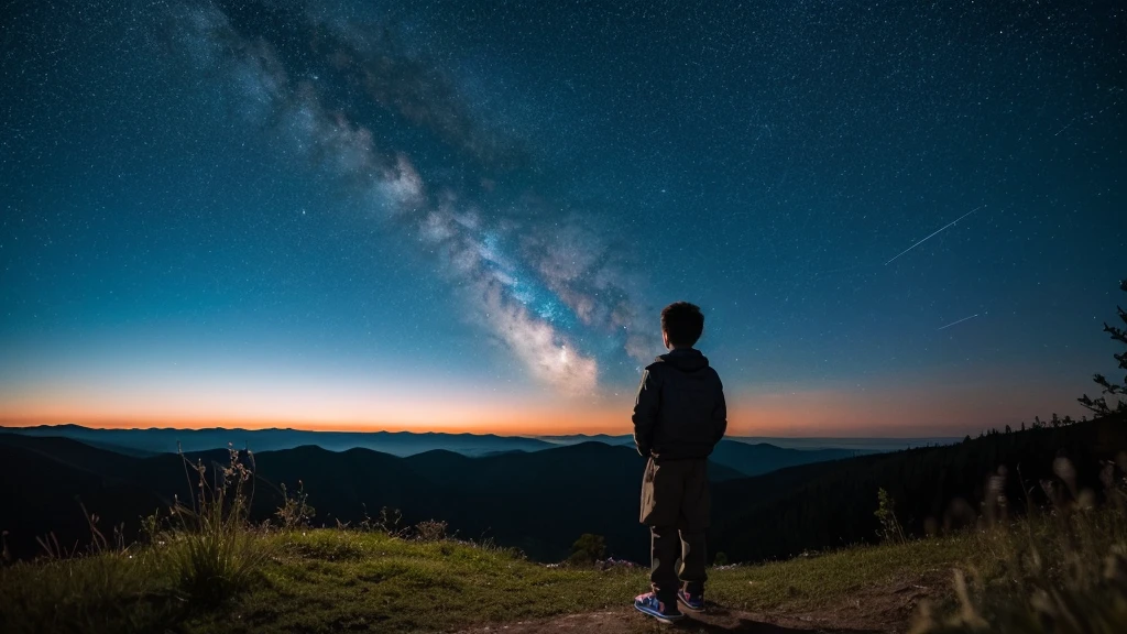 A boy stood on top of a hill gazing at the night sky, the stars lined up in a straight line.