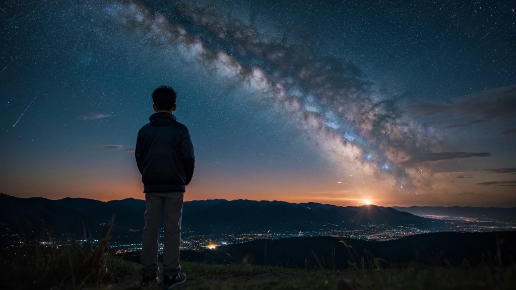 A boy stood on top of a hill gazing at the night sky, the stars lined up in a straight line.
