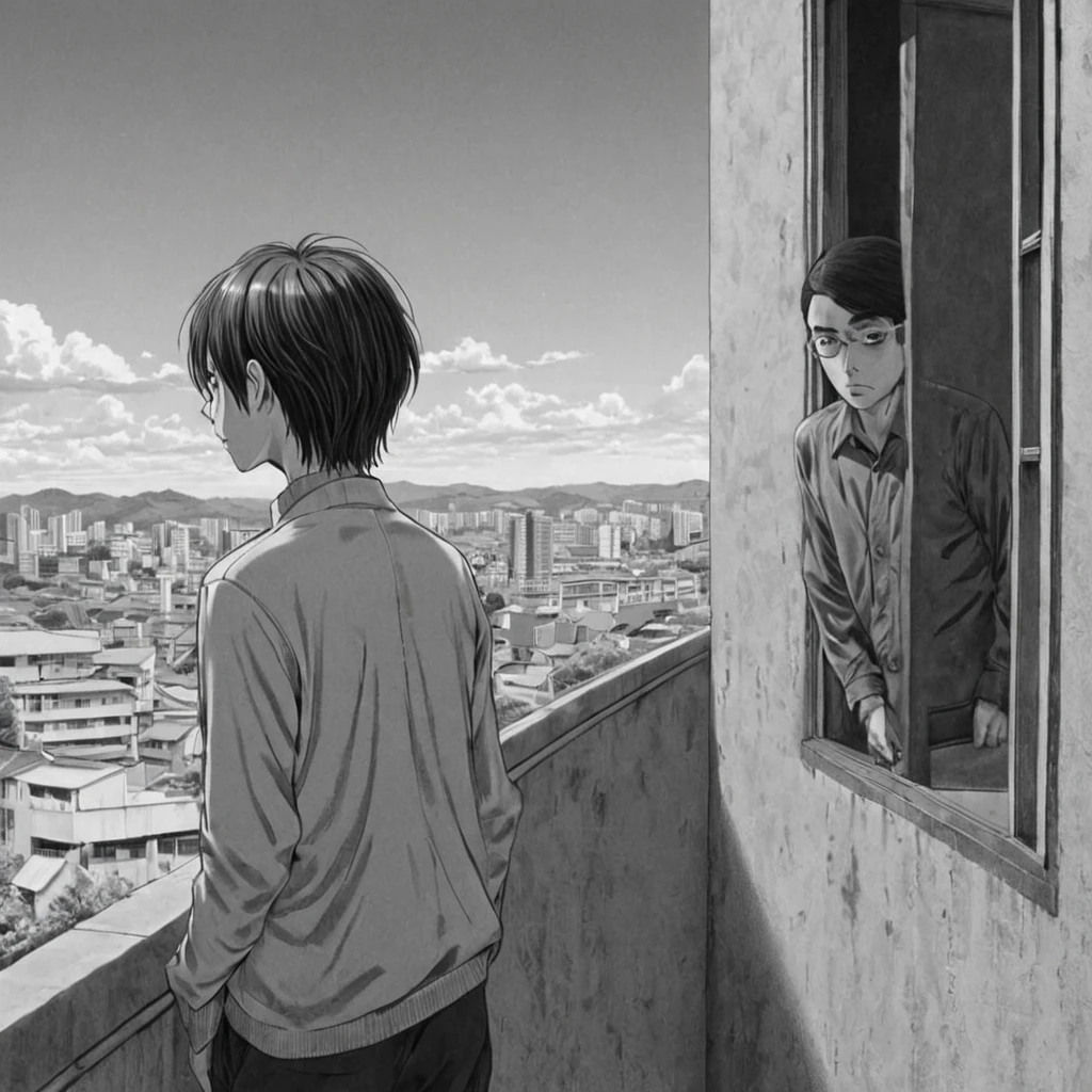 coming down from the balcony straight, (anime), bizarre scenario, Junji Ito, Yusuke Murata, black and white, 8k, anime, horror