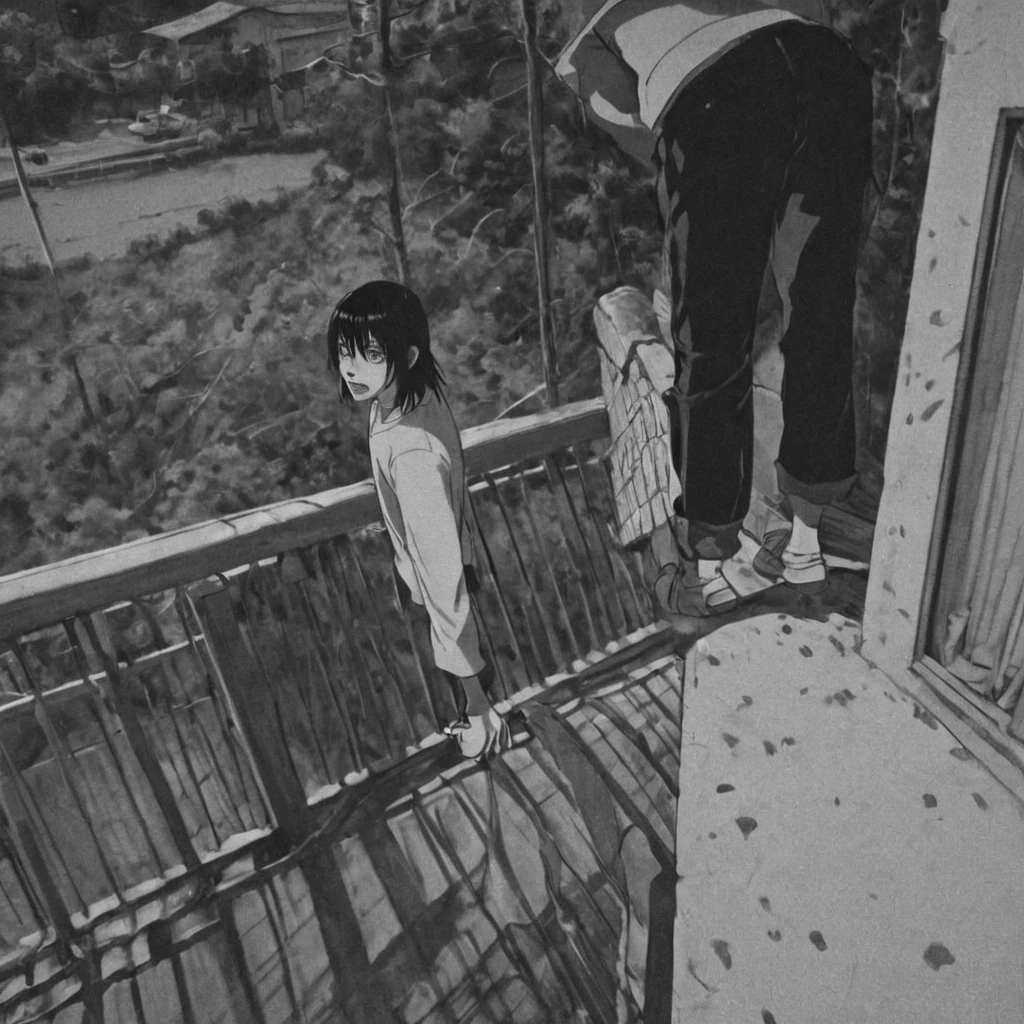 coming down from the balcony straight, (anime), bizarre scenario, Junji Ito, Yusuke Murata, black and white, 8k, anime, horror