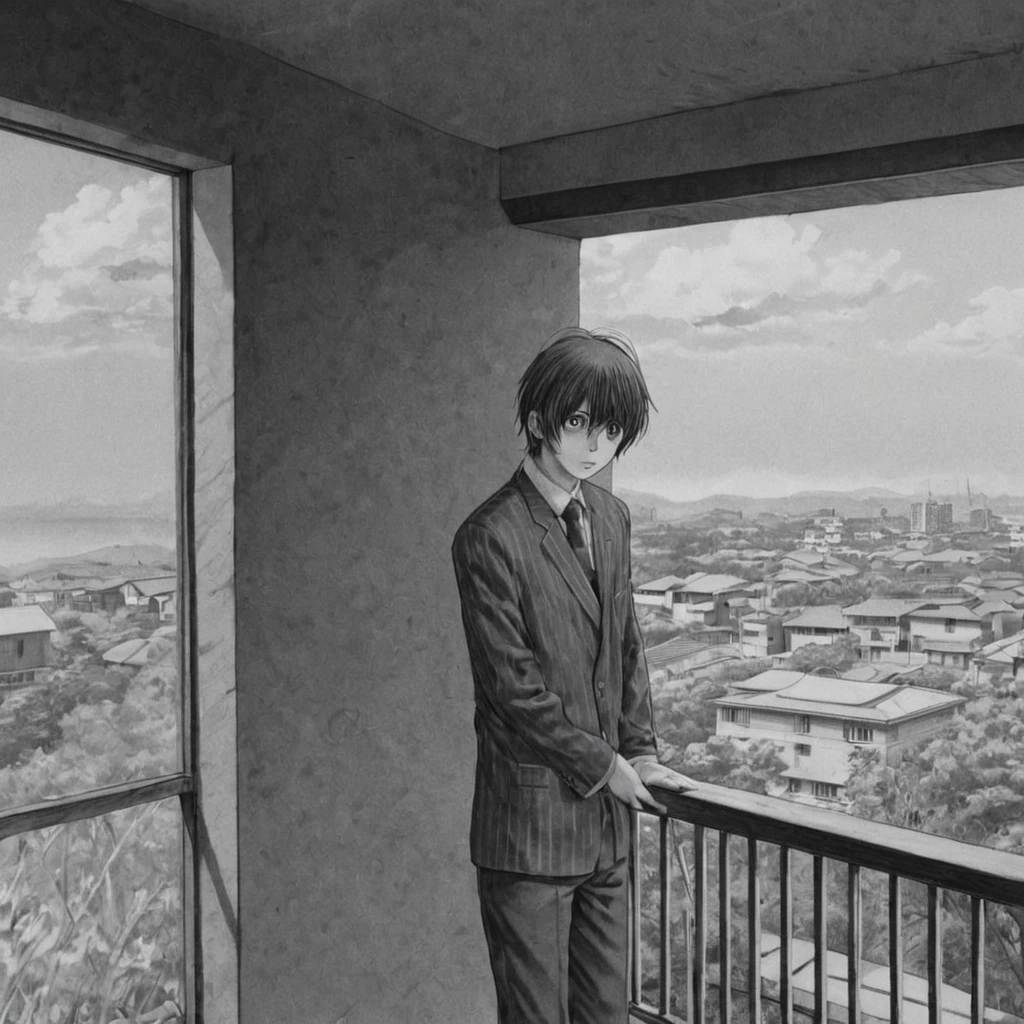 coming down from the balcony straight, (anime), bizarre scenario, Junji Ito, Yusuke Murata, black and white, 8k, anime, horror