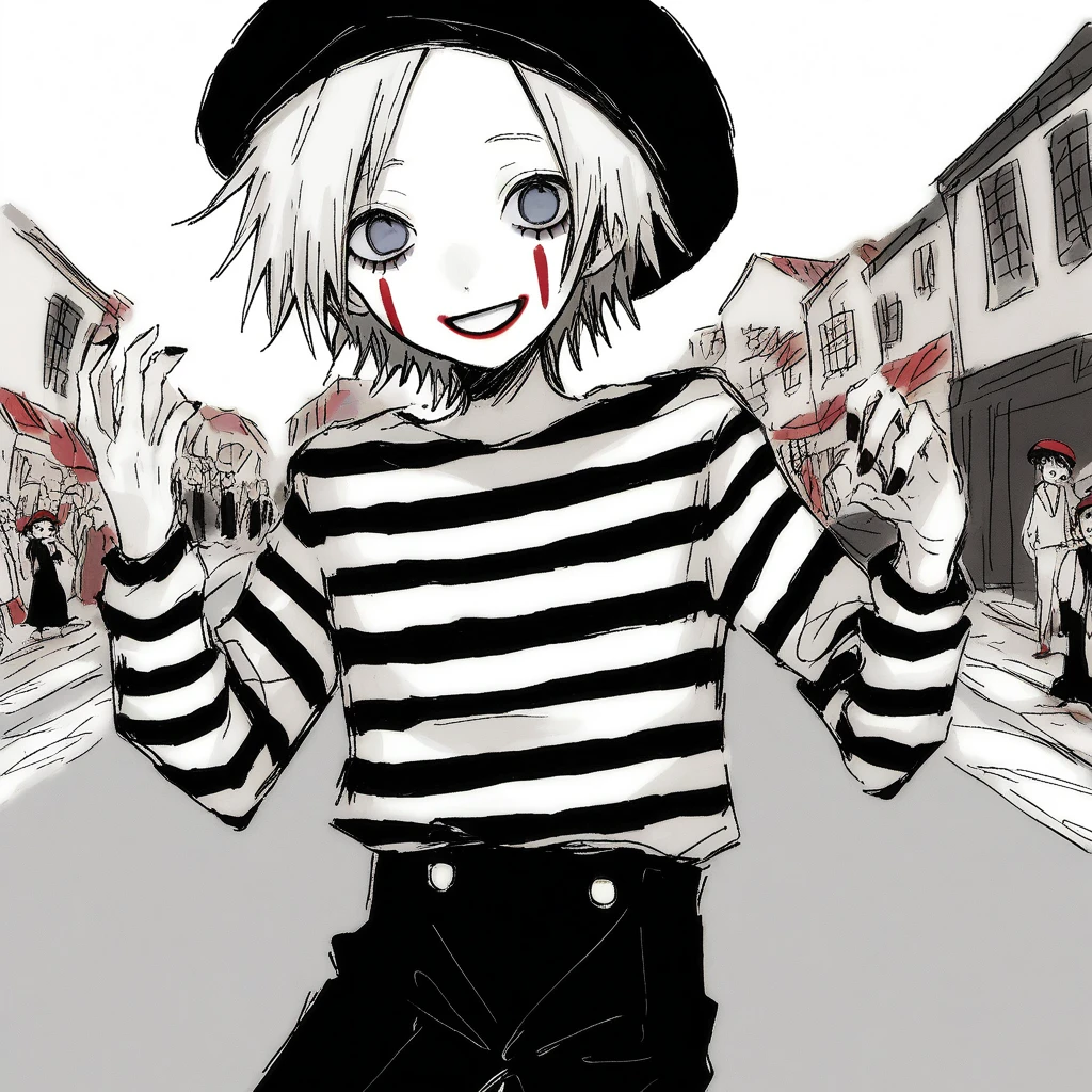 a very happy skinny boy dressed up as a mime, wearing mime makeup, has dark blue eyes, wearing a beret, performing on the streets