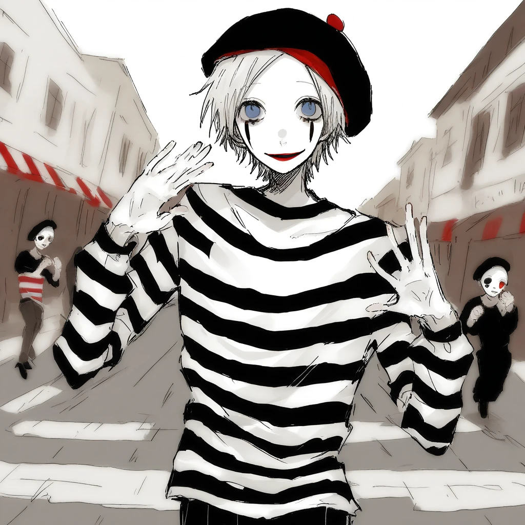 a very happy skinny boy dressed up as a mime, wearing mime makeup, has dark blue eyes, wearing a beret, performing on the streets