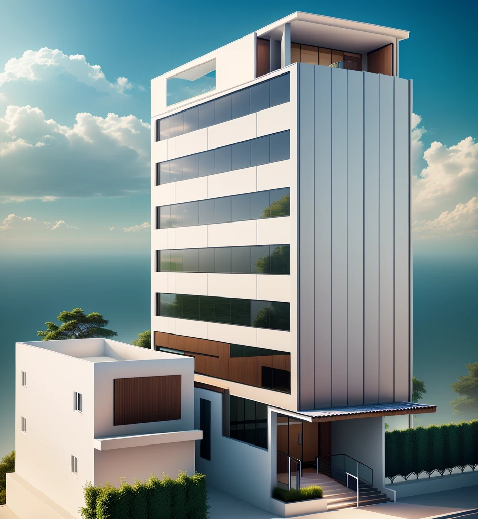 vue aérienne d&#39;a modern building with a staircase leading up to it, realistic building, middle view, realistic rendering, realistic concept, rendu professionnel, realistic architecture, low angle dimetric rendering, photo realistic rendering, photo architecturale, realistic renderinging, rendu architectural, a photorealistic renderinging, immeuble de bureaux, rendu architectural 3D, Very detailed rendering