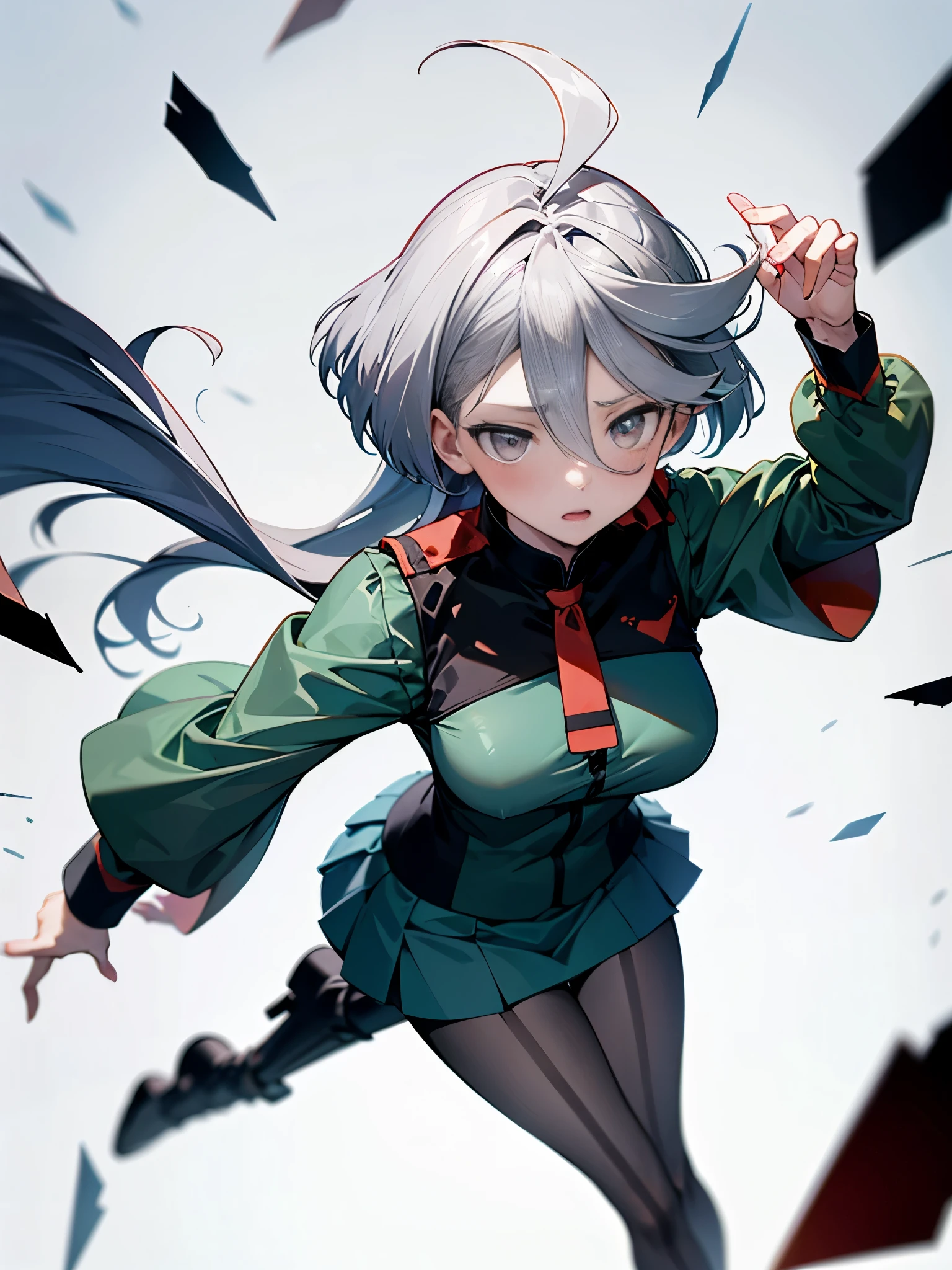 NSFW,(One girl:1.5),miorine1、miorine rembran、Asticasia uniform、solo、Long Hair、Grey Eyes、Grey Hair、Ahoge、Seamed legwear、green micro mini skirt、tie、bangs、Hair between the eyes、Black Pantyhose、Long sleeve、Green jacket、Floating Hair、赤いtie,(Perfect hands),(Perfect Anatomy),(masterpiece),(highest quality),Embarrassed,blush,train