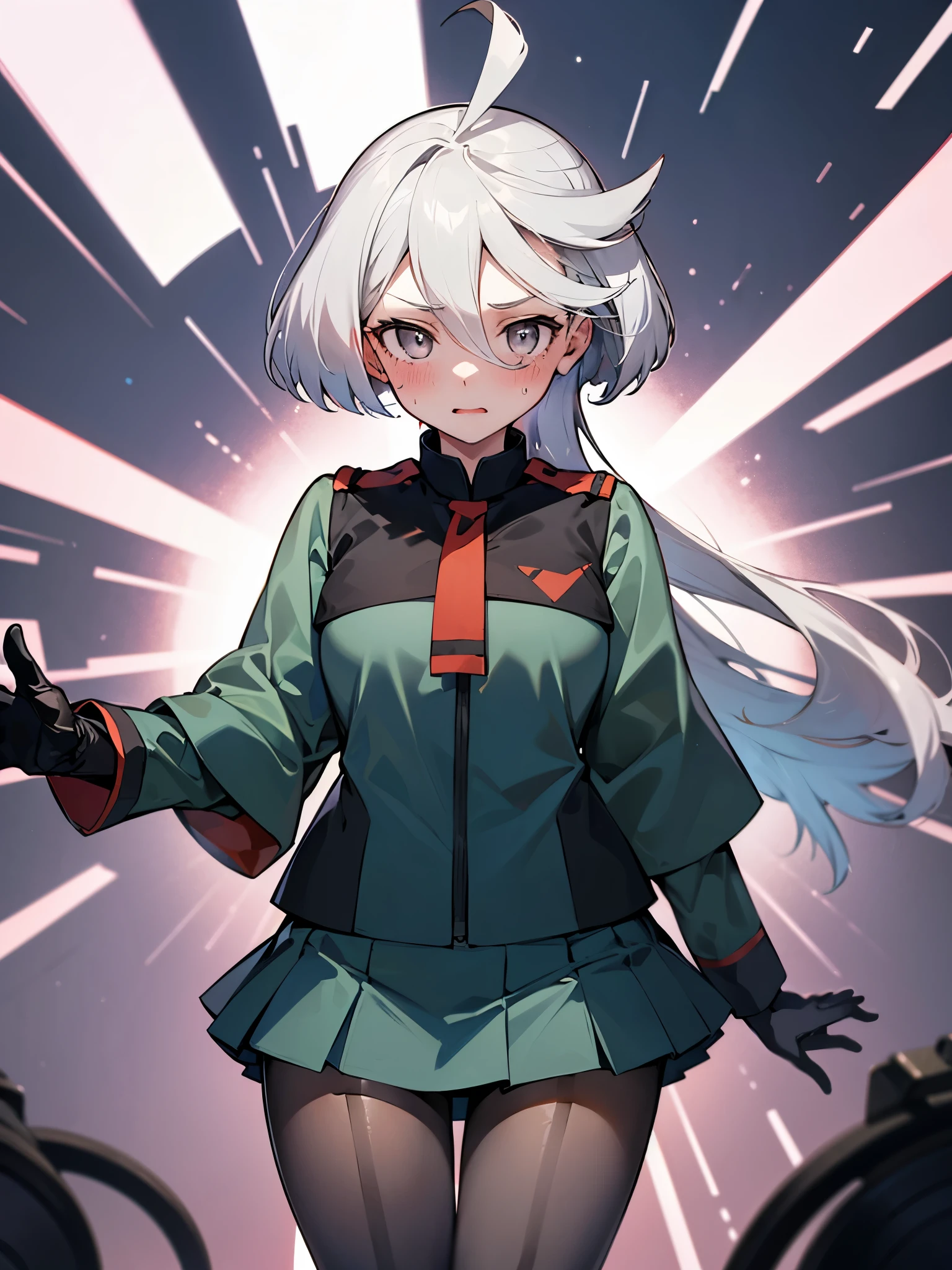 NSFW,(One girl:1.5),miorine1、miorine rembran、Asticasia uniform、solo、Long Hair、Grey Eyes、Grey Hair、Ahoge、Seamed legwear、green micro mini skirt、tie、bangs、Hair between the eyes、Black Pantyhose、Long sleeve、Green jacket、Floating Hair、赤いtie,(Perfect hands),(Perfect Anatomy),(masterpiece),(highest quality),Embarrassed,blush,train